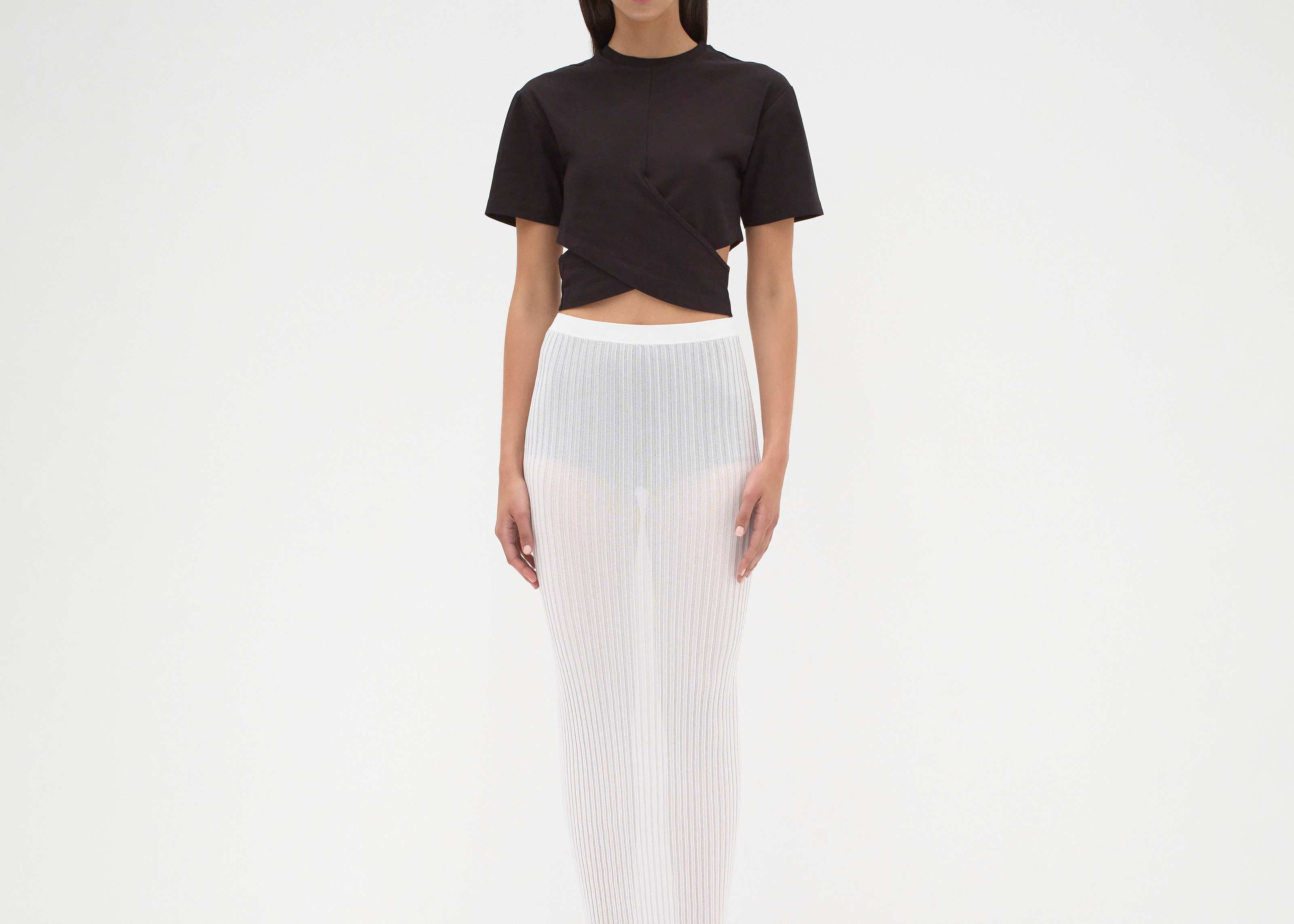 The Cropped Wrap Tee in Black - Front View