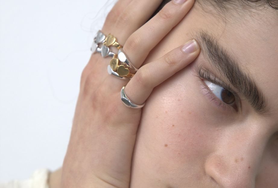 Double Heart ring on model sener besim ring stack