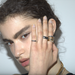 Sener Besim diamond bar ring worn by model, silver