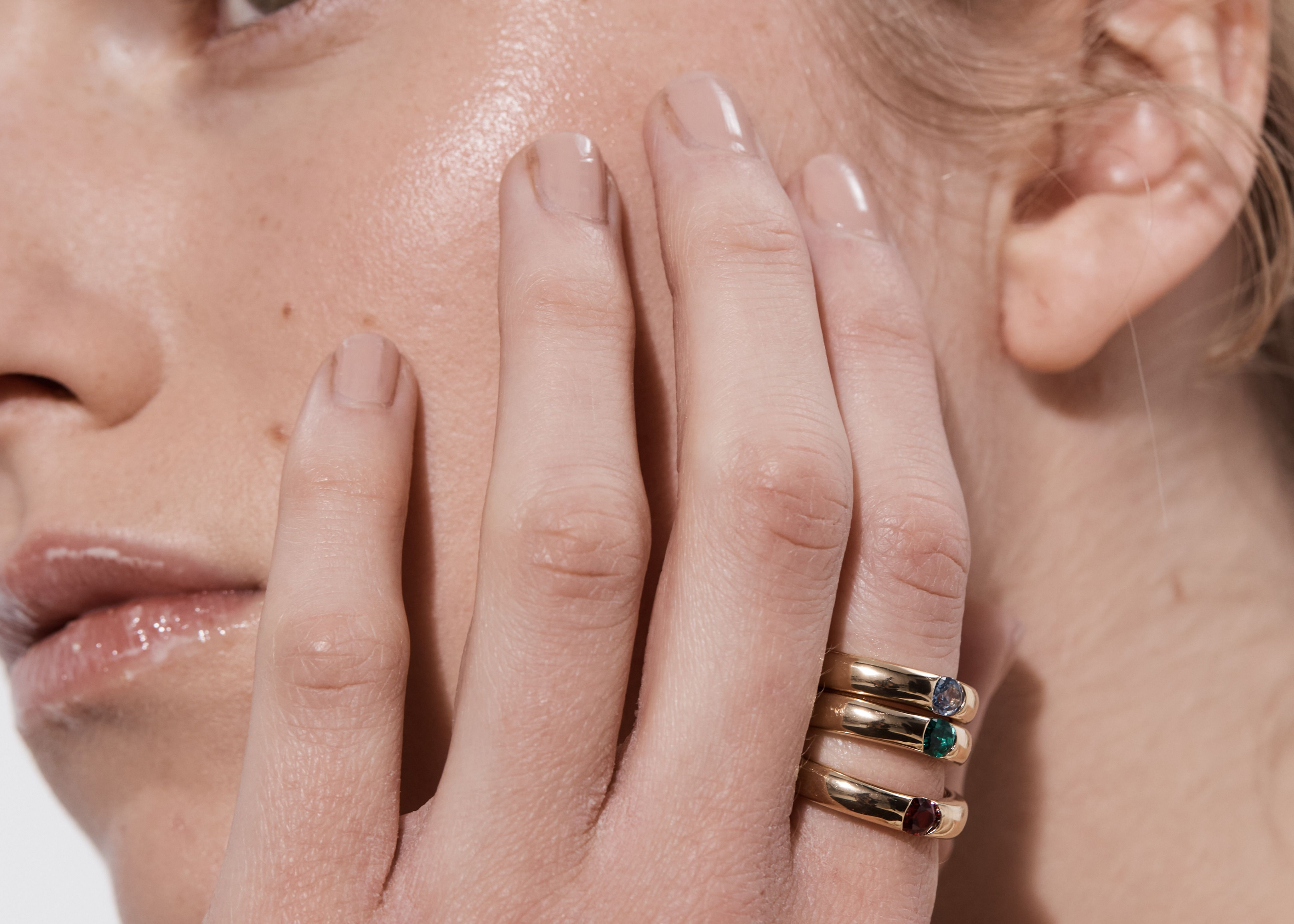 Model wearing Sener Besim Ruby Ring In Gold