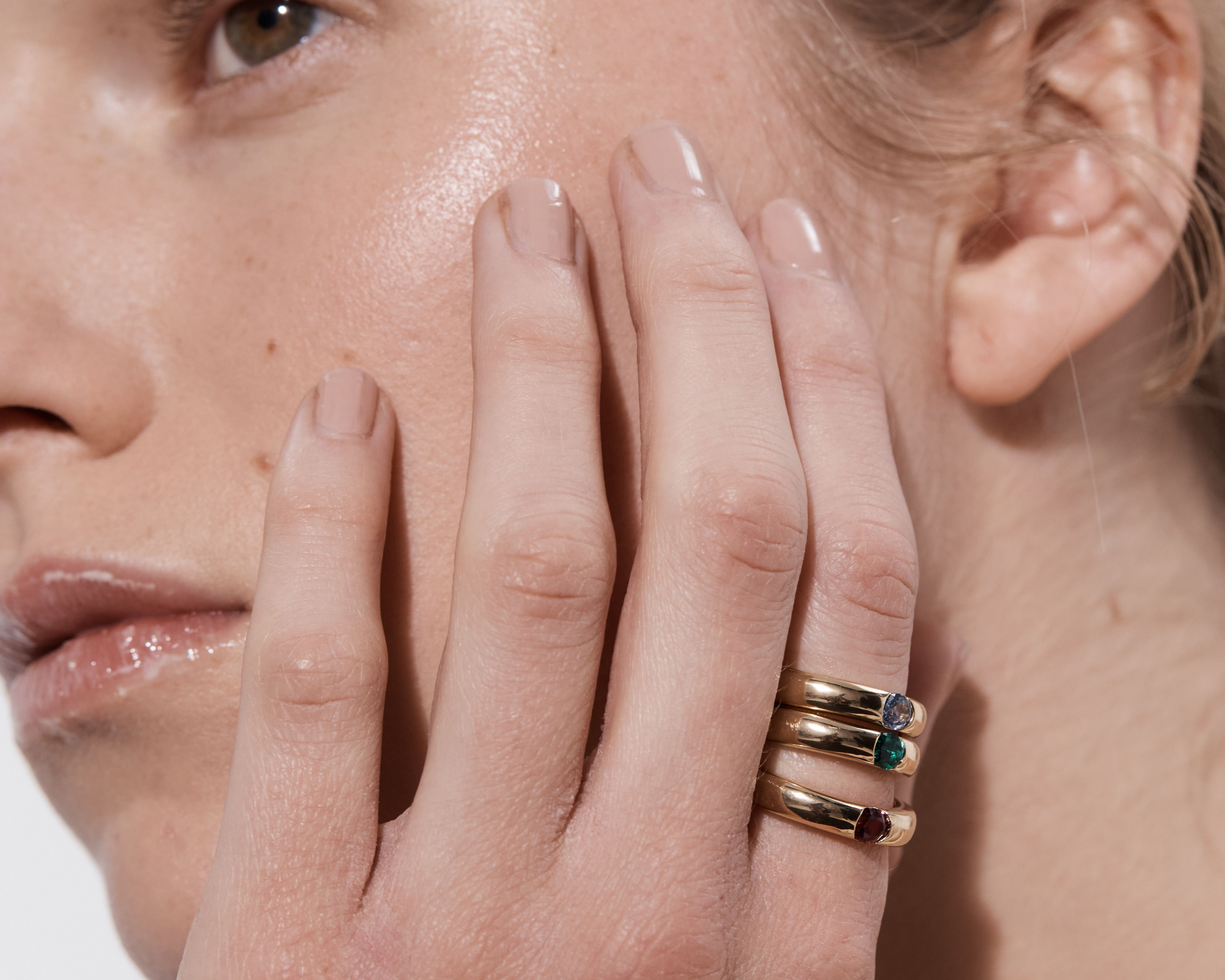 Model wearing Sener Besim Ruby Ring In Gold