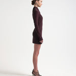 bonded asymmetric dess in burgundy mini lentgth with long sleeves by sener besim