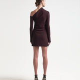 burgundy asymmetric neckline dress by sener besim on model