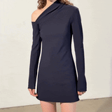 video of model wearing asymmetric neckline dress by sener besim in navy