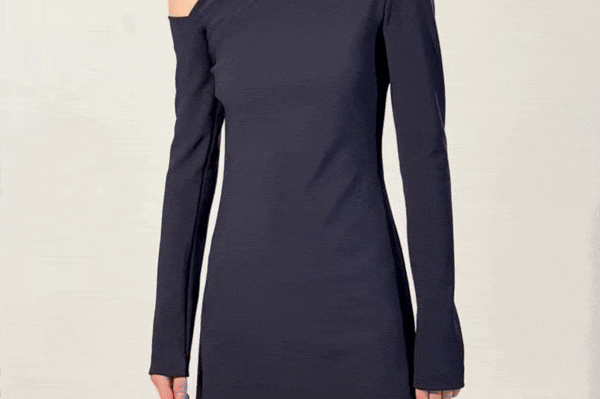 video of model wearing asymmetric neckline dress by sener besim in navy
