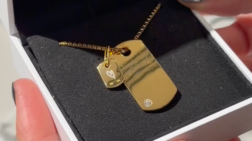 Şener Besim Dog Tag Charm presented in gift box