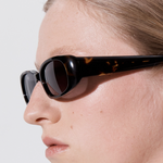 Şener Besim Acetate 1 tortoise sunglasses worn, rectangular acetate frame