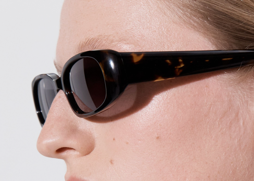Şener Besim Acetate 1 tortoise sunglasses worn, rectangular acetate frame