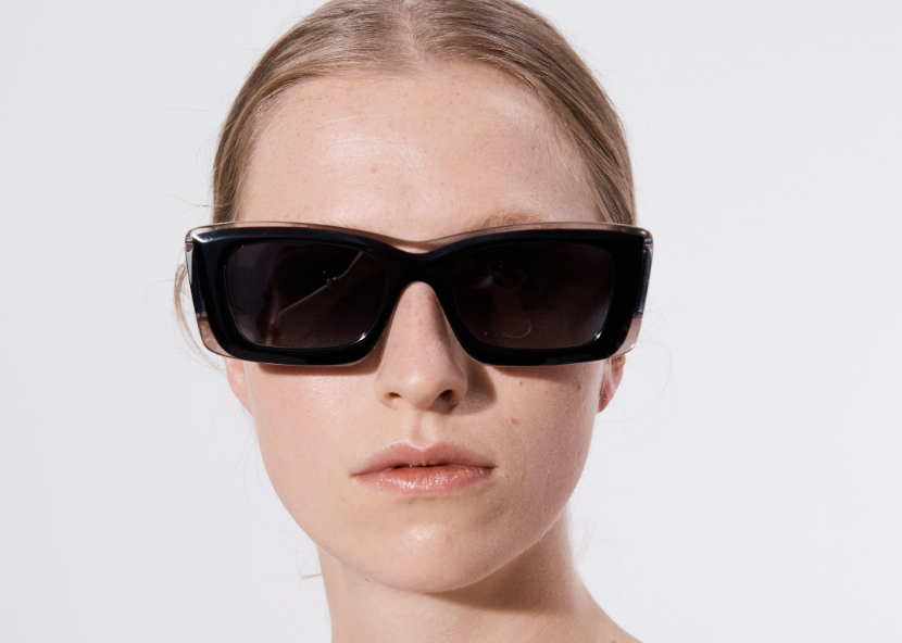 Şener Besim Acetate 2 black and clear sunglasses worn, chunky rectangular acetate frame, front view