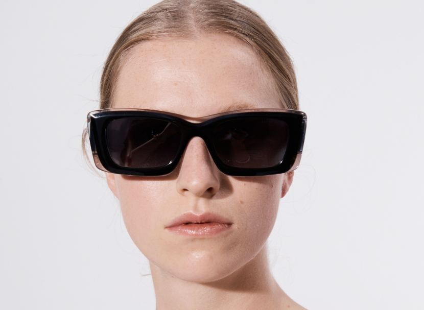Şener Besim Acetate 2 black and clear sunglasses worn, chunky rectangular acetate frame, front view