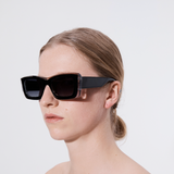 Şener Besim Acetate 2 black and clear sunglasses worn, chunky rectangular acetate frame, side view