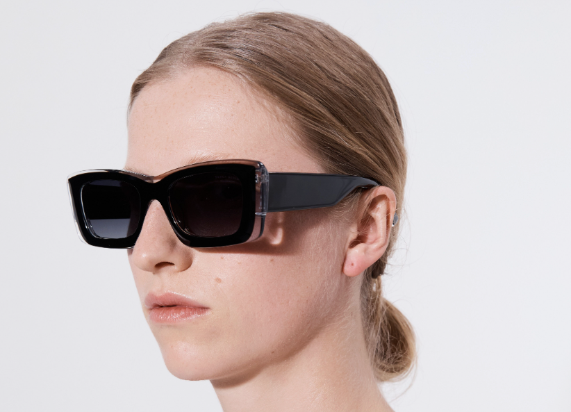 Şener Besim Acetate 2 black and clear sunglasses worn, chunky rectangular acetate frame, side view