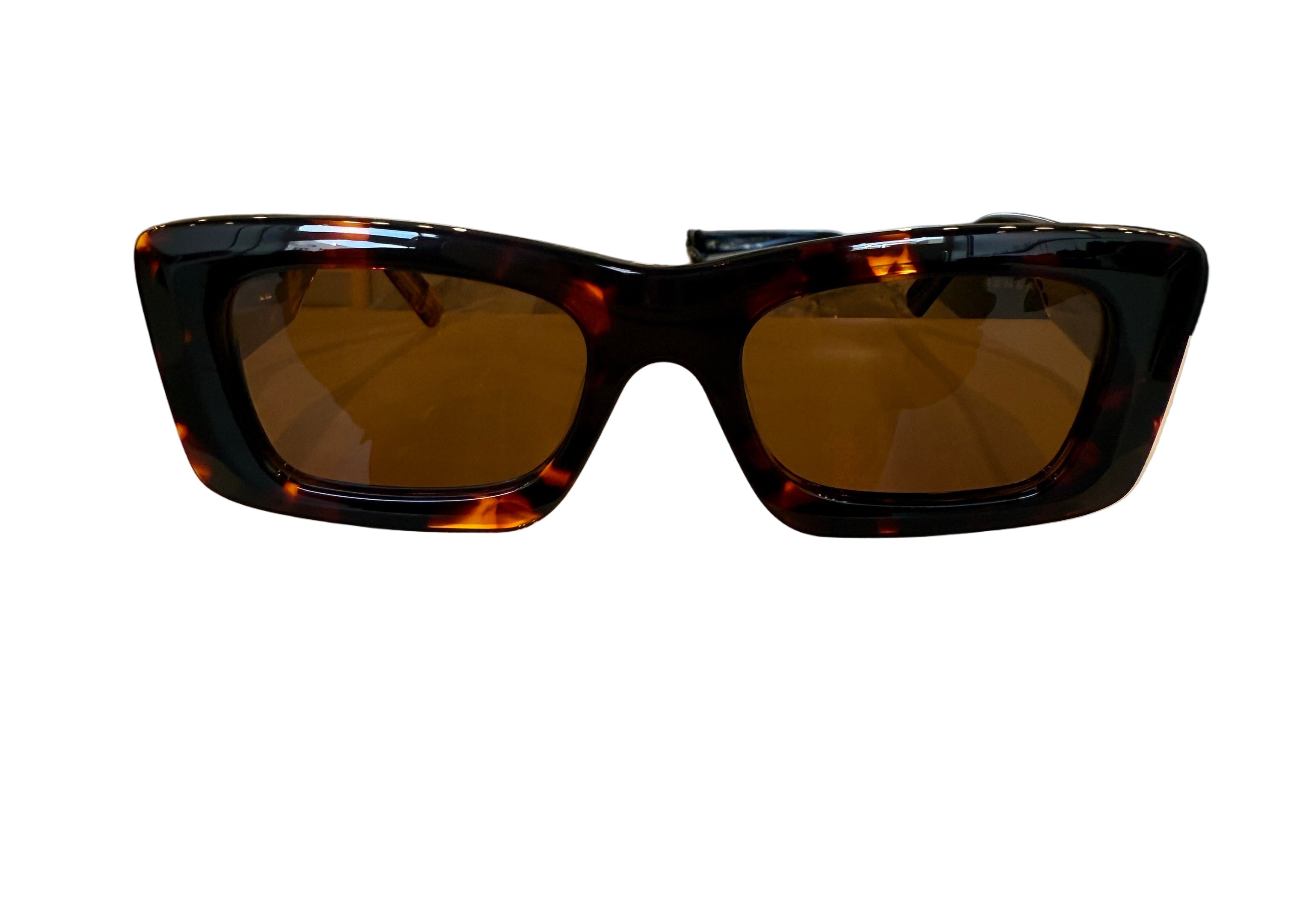 Şener Besim Acetate 2 tortoise sunglasses worn, angular Italian acetate frame, front view