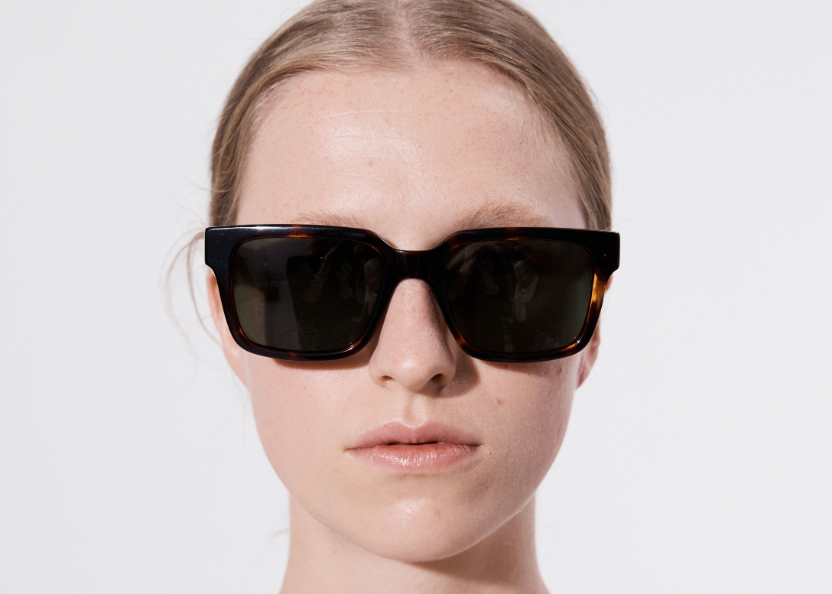 Şener Besim Acetate 3 tortoise sunglasses worn, oversized square Italian acetate frame, front view