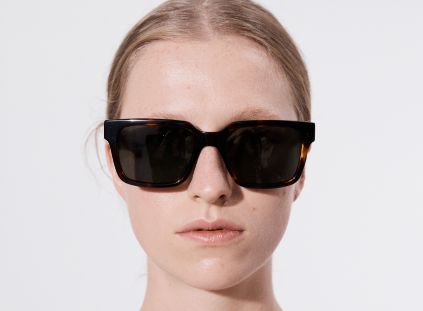 Şener Besim Acetate 3 tortoise sunglasses worn, oversized square Italian acetate frame, front view