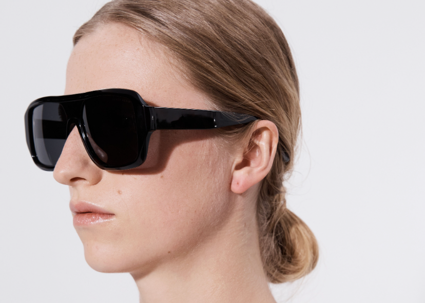 Şener Besim Acetate 6 black shine sunglasses worn, flat-top oversized acetate frame, side view