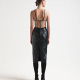 open back dress on model with ties in vegan leather by sener besim