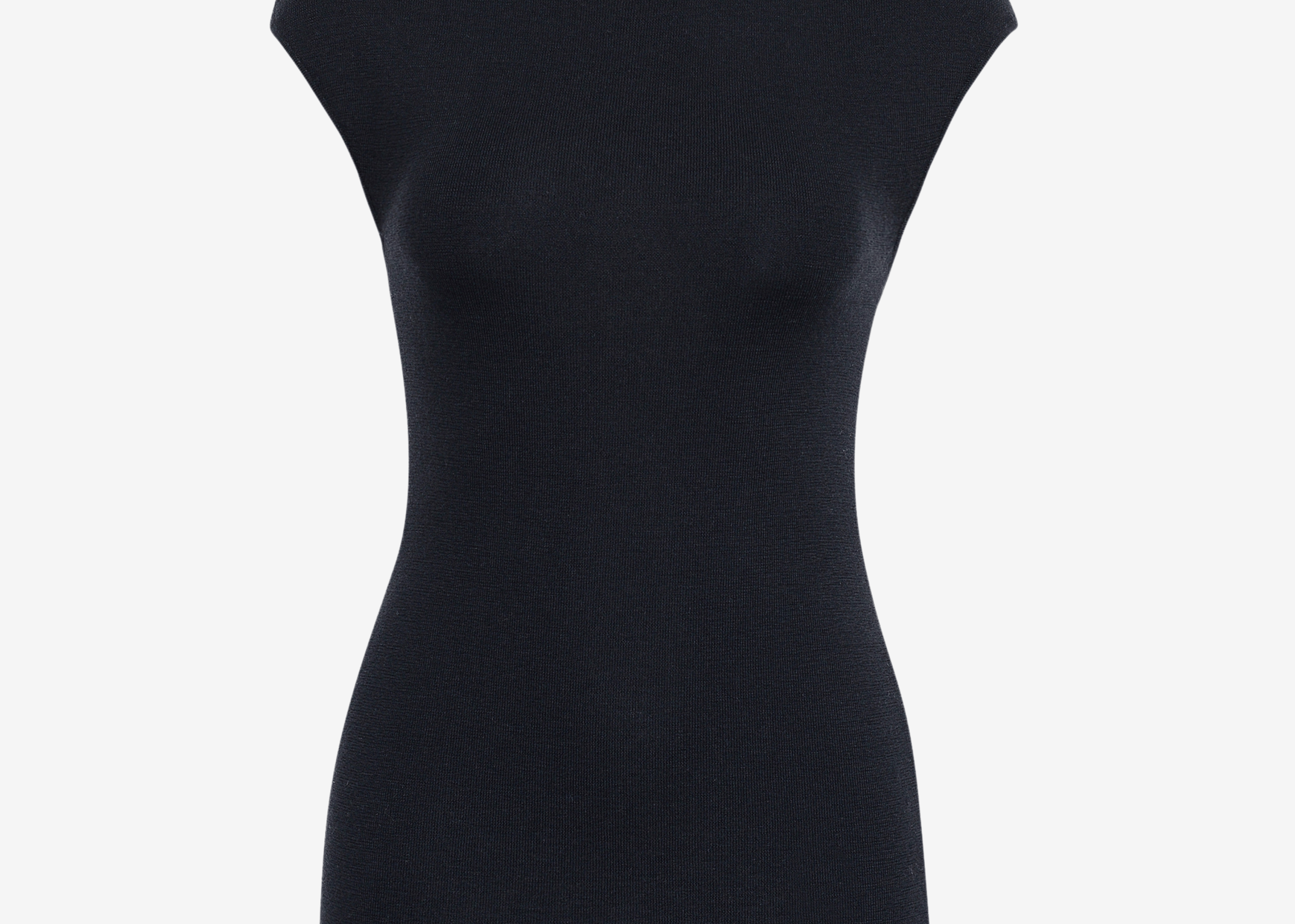 Fitted black merino knit top with high neck and cap sleeves, front view — Şener Besim