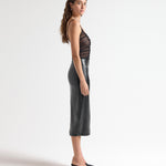Transparency fitted cami in black on model side view by sener besim