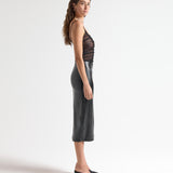 Transparency fitted cami in black on model side view by sener besim