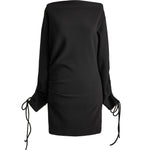 Bonded mini dress in black with tie cuff sleeves — Şener Besim