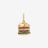 Burger Charm Gold by Şener Besim in sterling silver with 14ct gold plating, set with orange, purple and green gemstones