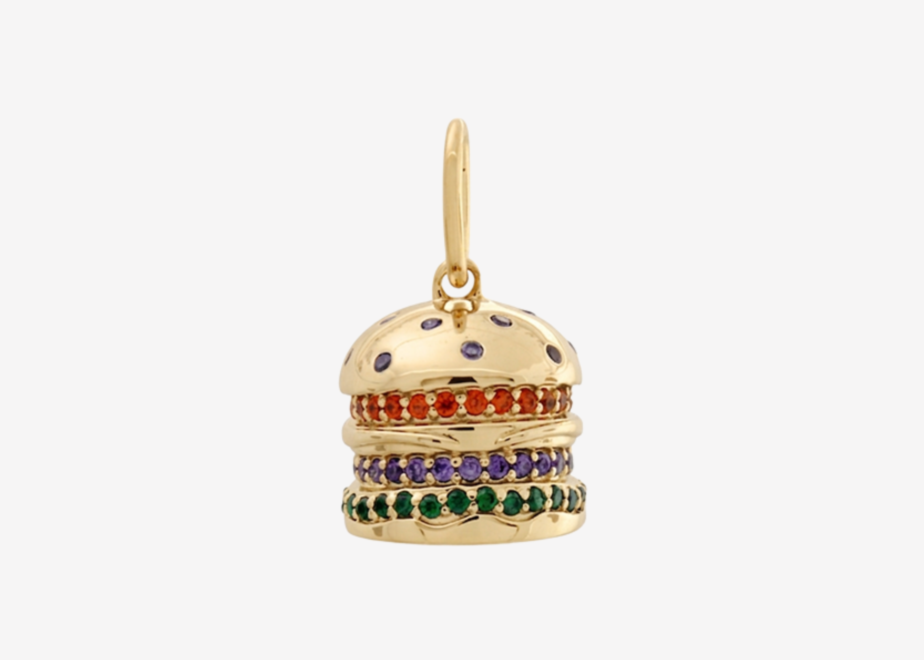 Burger Charm Gold by Şener Besim in sterling silver with 14ct gold plating, set with orange, purple and green gemstones
