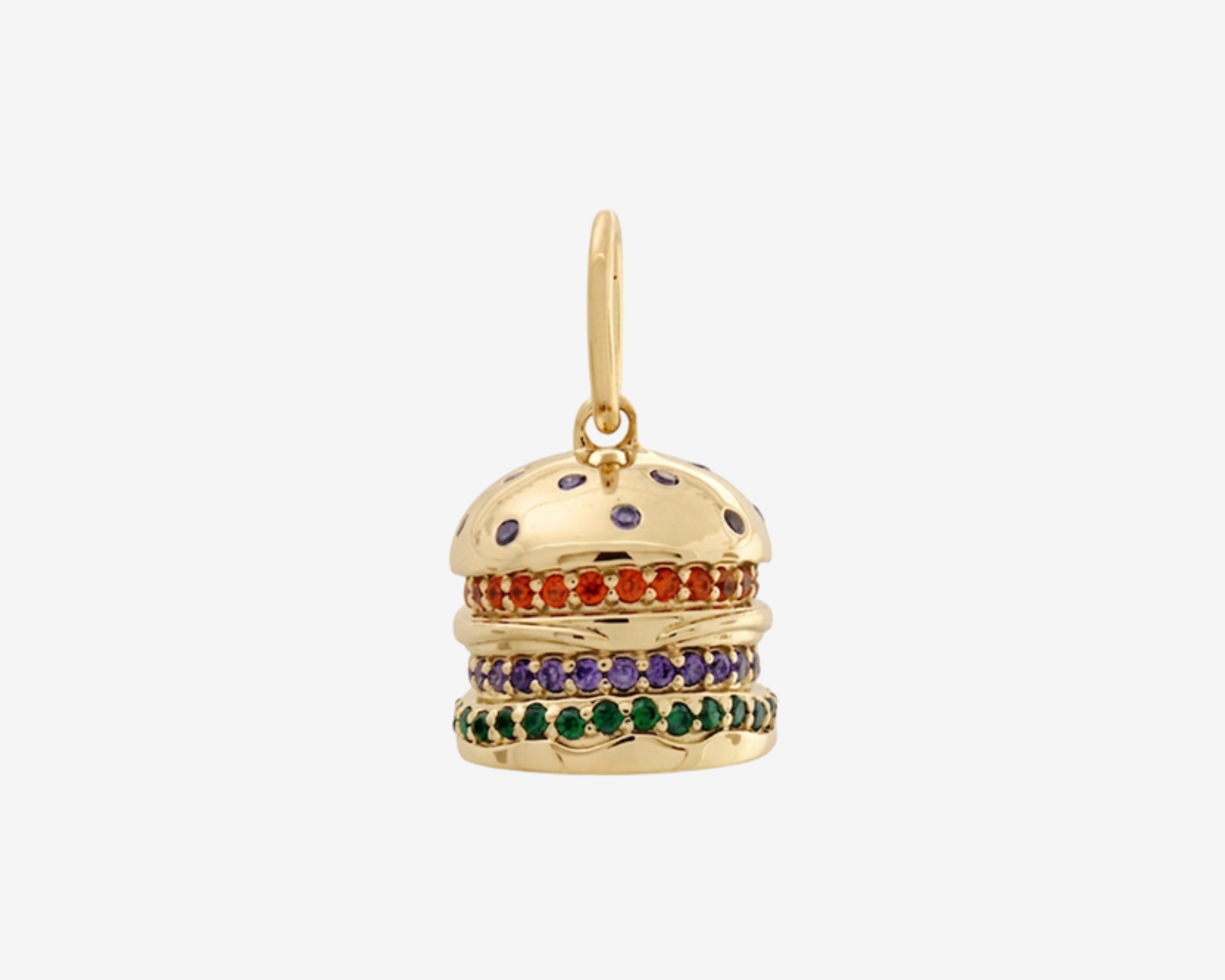 Burger Charm Gold by Şener Besim in sterling silver with 14ct gold plating, set with orange, purple and green gemstones