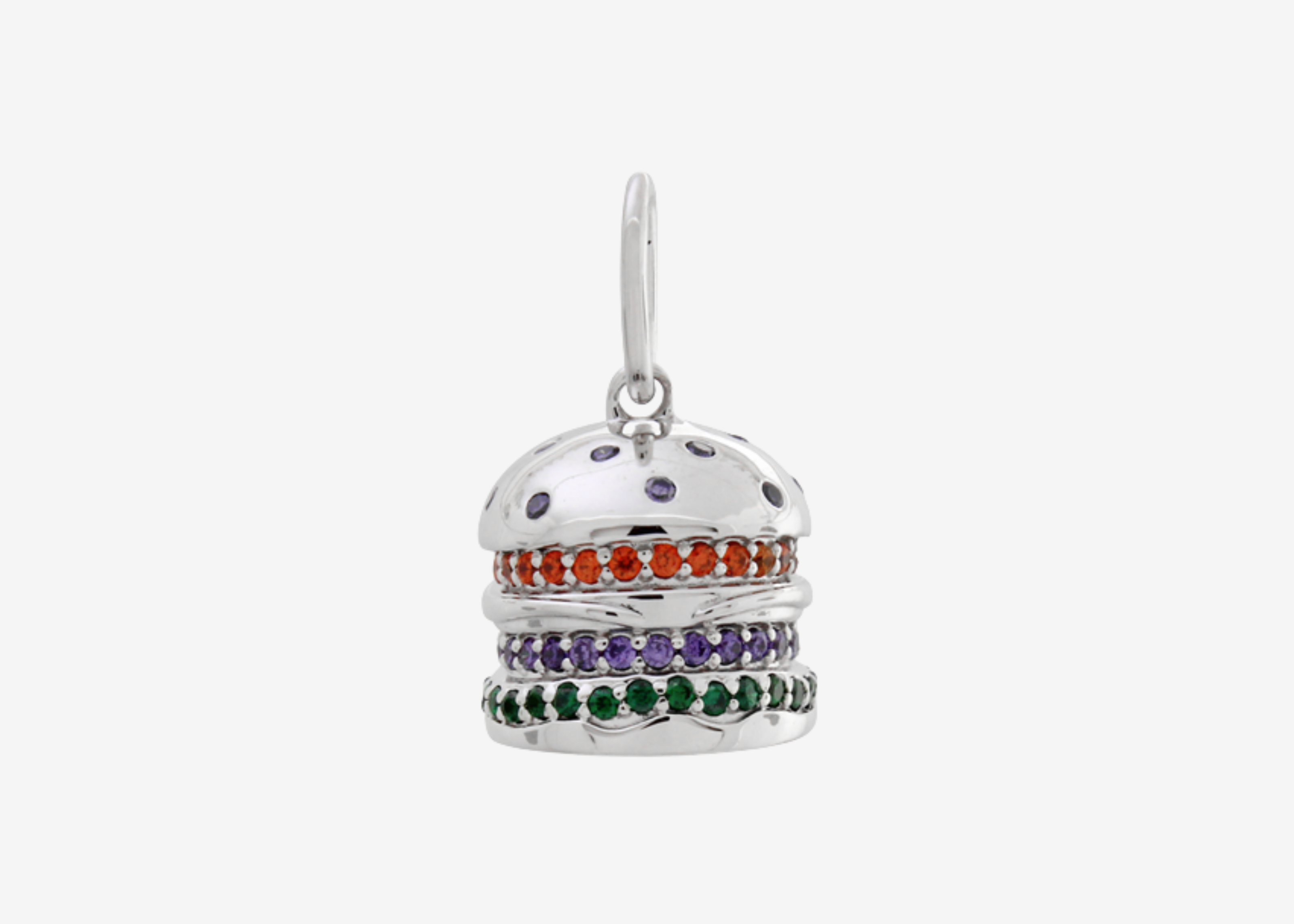 Burger Charm Silver by Şener Besim in sterling silver with rhodium plating, set with orange, purple and green gemstones