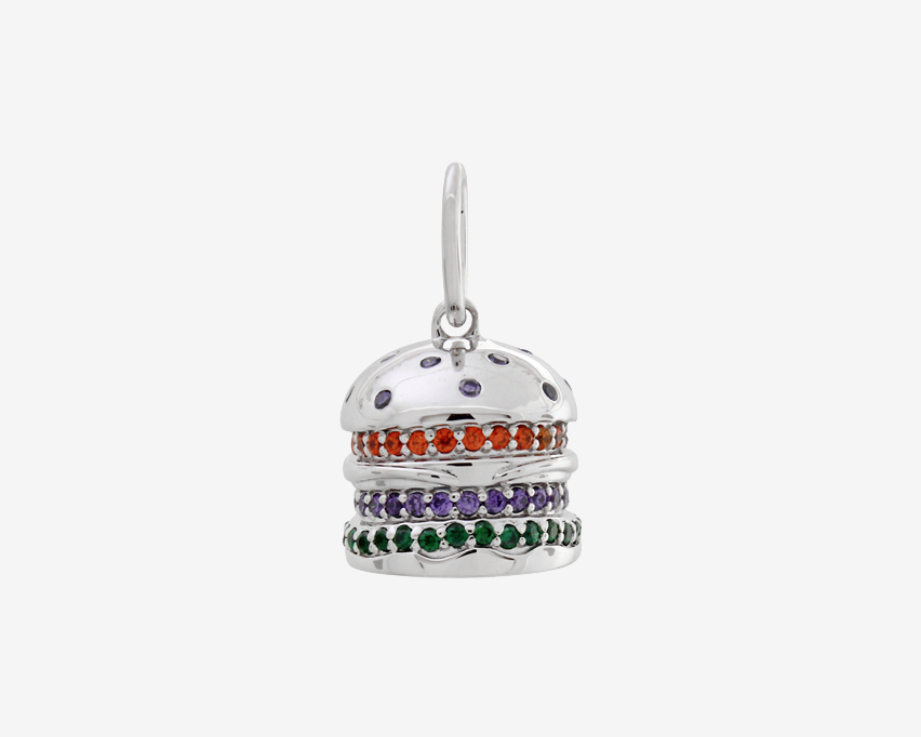 Burger Charm Silver by Şener Besim in sterling silver with rhodium plating, set with orange, purple and green gemstones