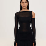Şener Besim Cutout Crewneck in Black, fine knit with cut-out shoulder detail, on model