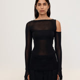 Şener Besim Cutout Crewneck in Black, fine knit with cut-out shoulder detail, on model