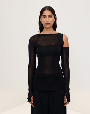 Şener Besim Cutout Crewneck in Black, fine knit with cut-out shoulder detail, on model