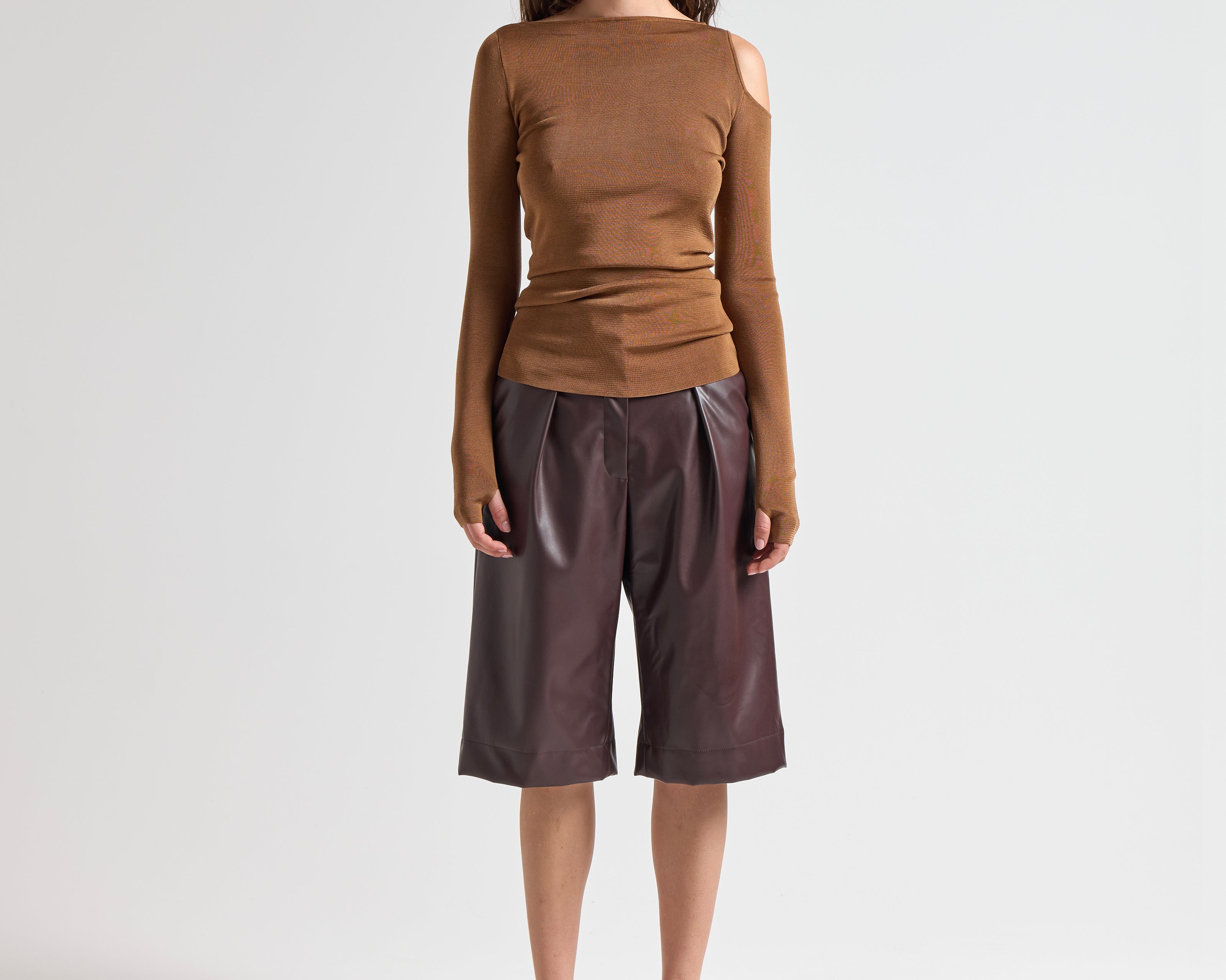 Şener Besim Cutout Crewneck in Spice, fine knit top, close up 