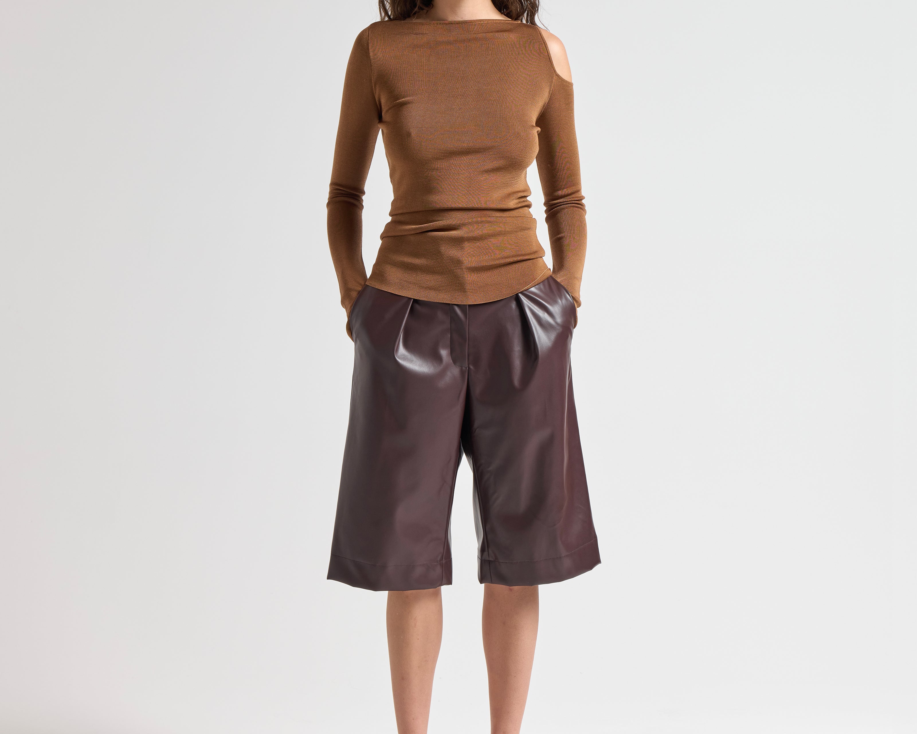 Şener Besim Cutout Crewneck in Spice, fine knit with cut-out shoulder detail, front view