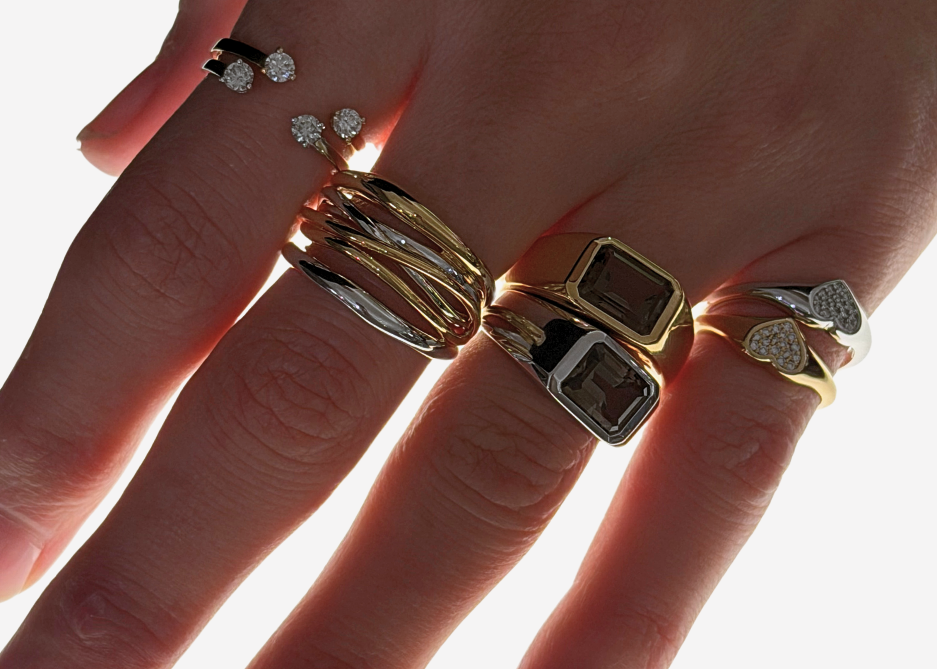 Şener Besim Double Diamond Ring in silver rhodium plating, stacked on model hand