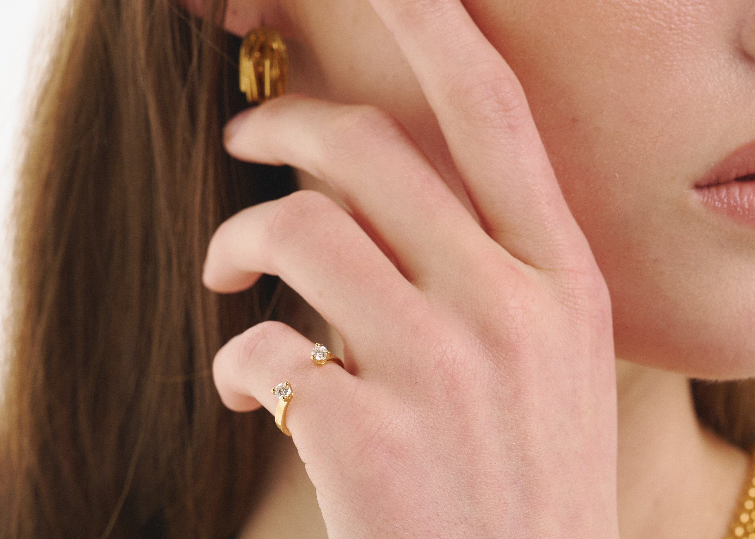 Şener Besim Double Diamond Ring in 14ct gold plating, worn hand