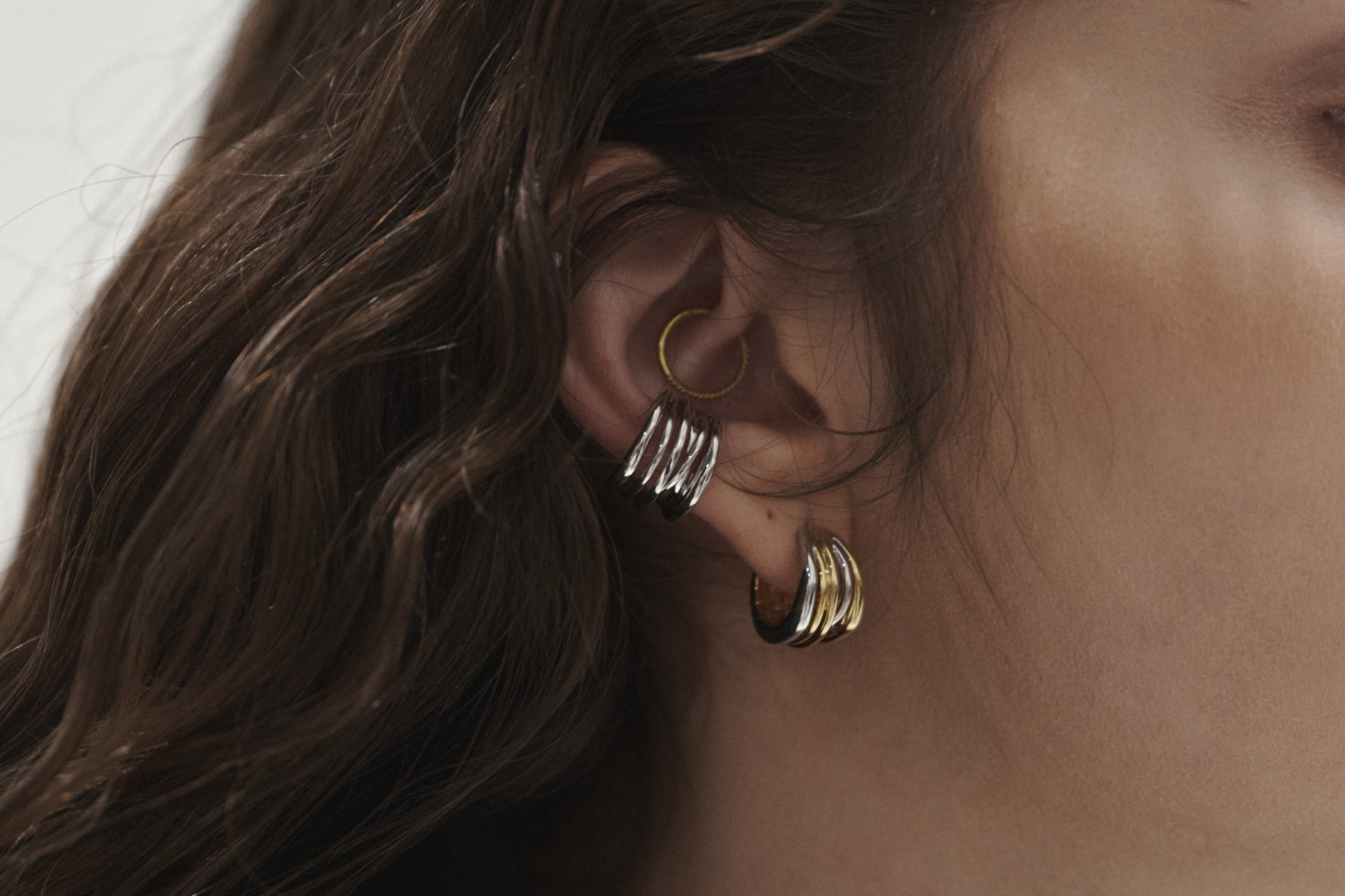 Şener Besim Gold & Silver Dynasty Earrings worn on model
