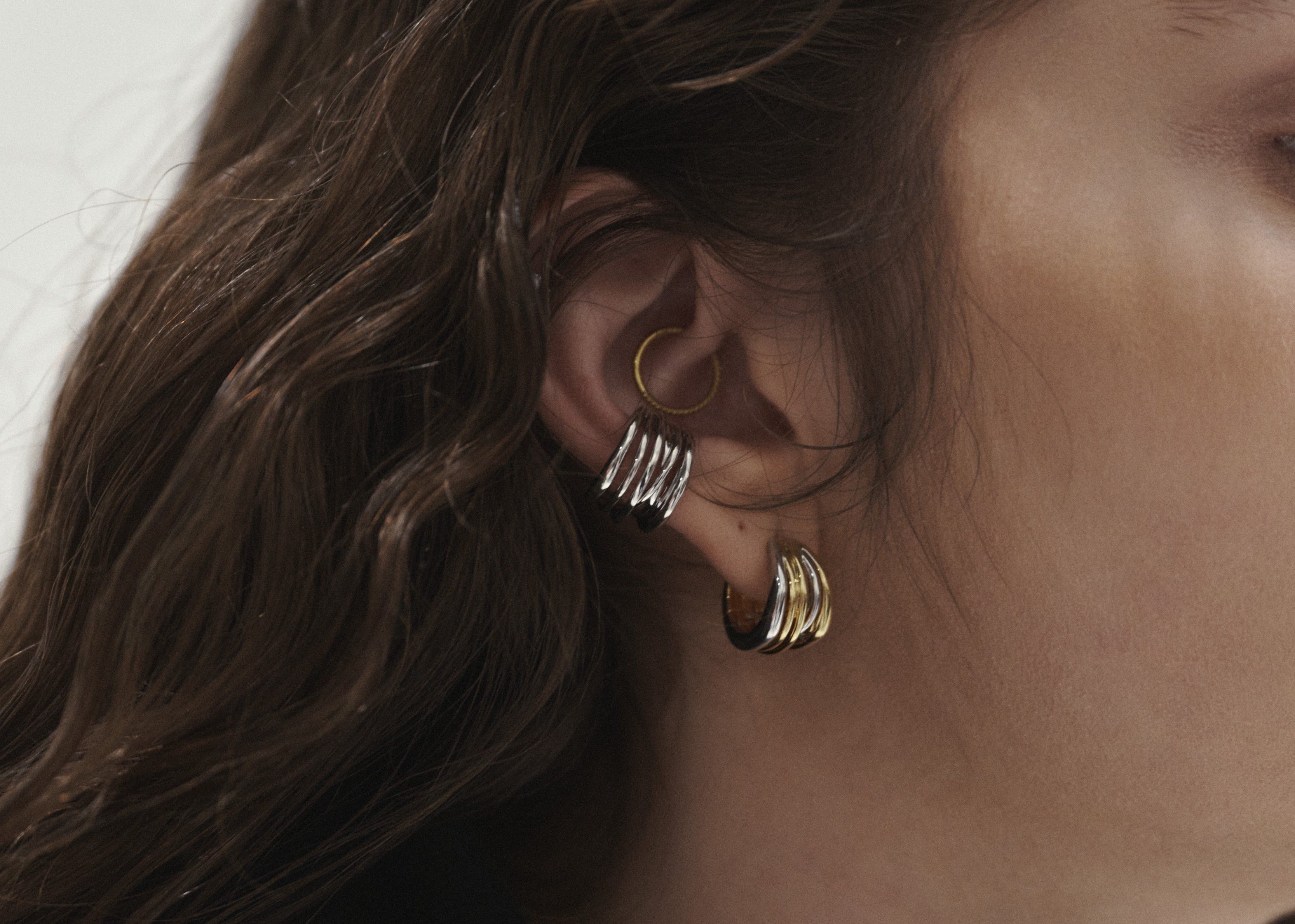 Şener Besim Gold & Silver Dynasty Earrings worn on model