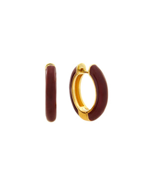 Şener Besim Enamel Huggie in burgundy enamel and 14ct gold plating, flat lay