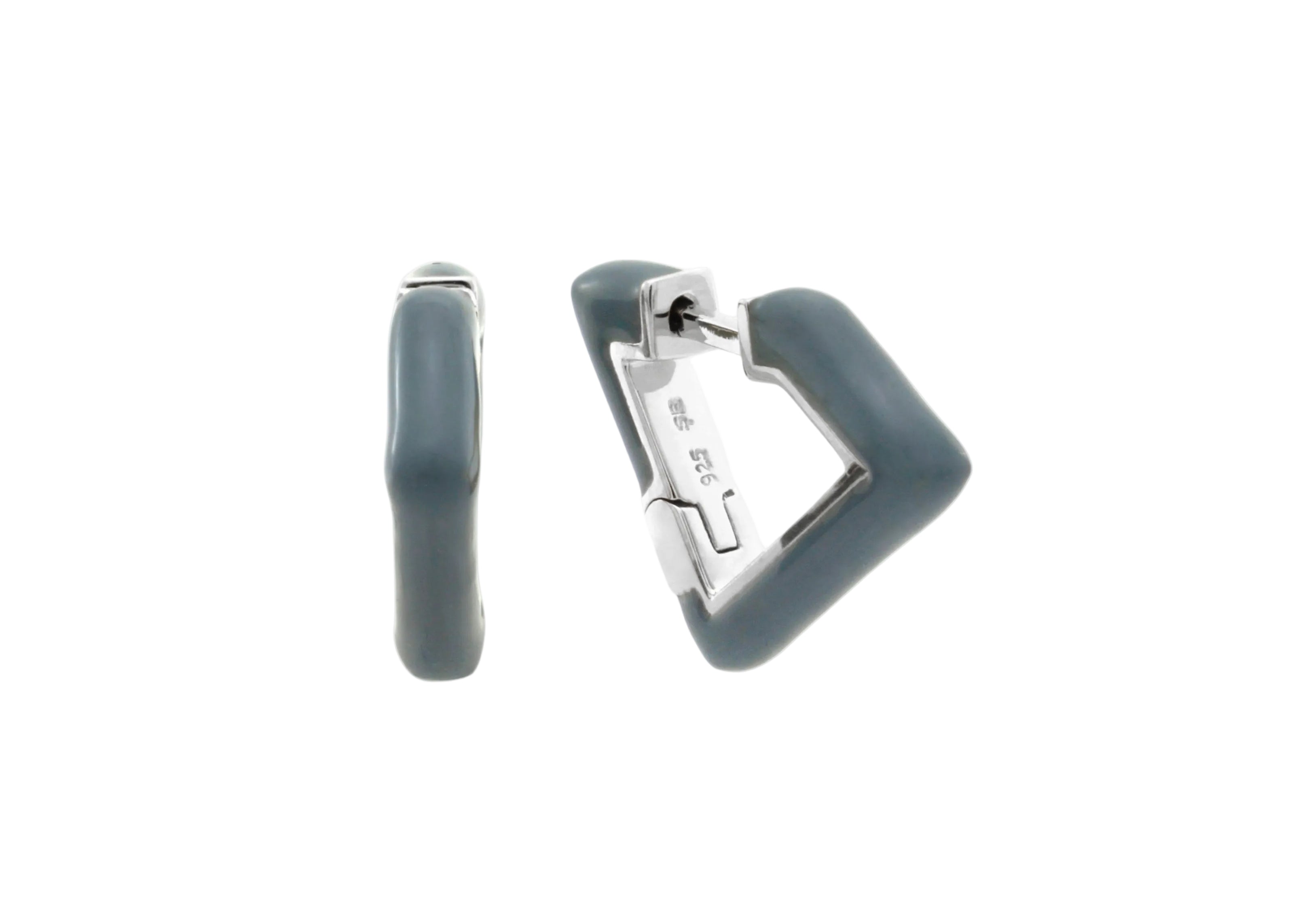 Şener Besim Enamel Irregular Earring in blue/grey enamel and sterling silver with rhodium plating, flat lay