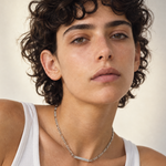 Model wearing the Figaro Chain Necklace in 37.5cm choker length, Şener Besim