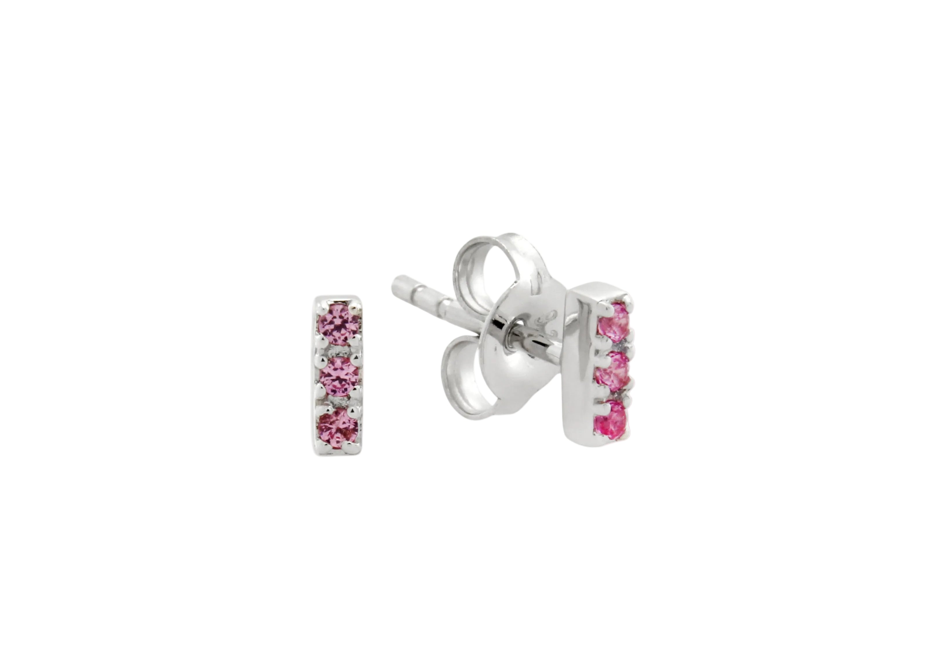 Şener Besim Gem Bar Stud earrings in pink sapphire and silver rhodium — front view