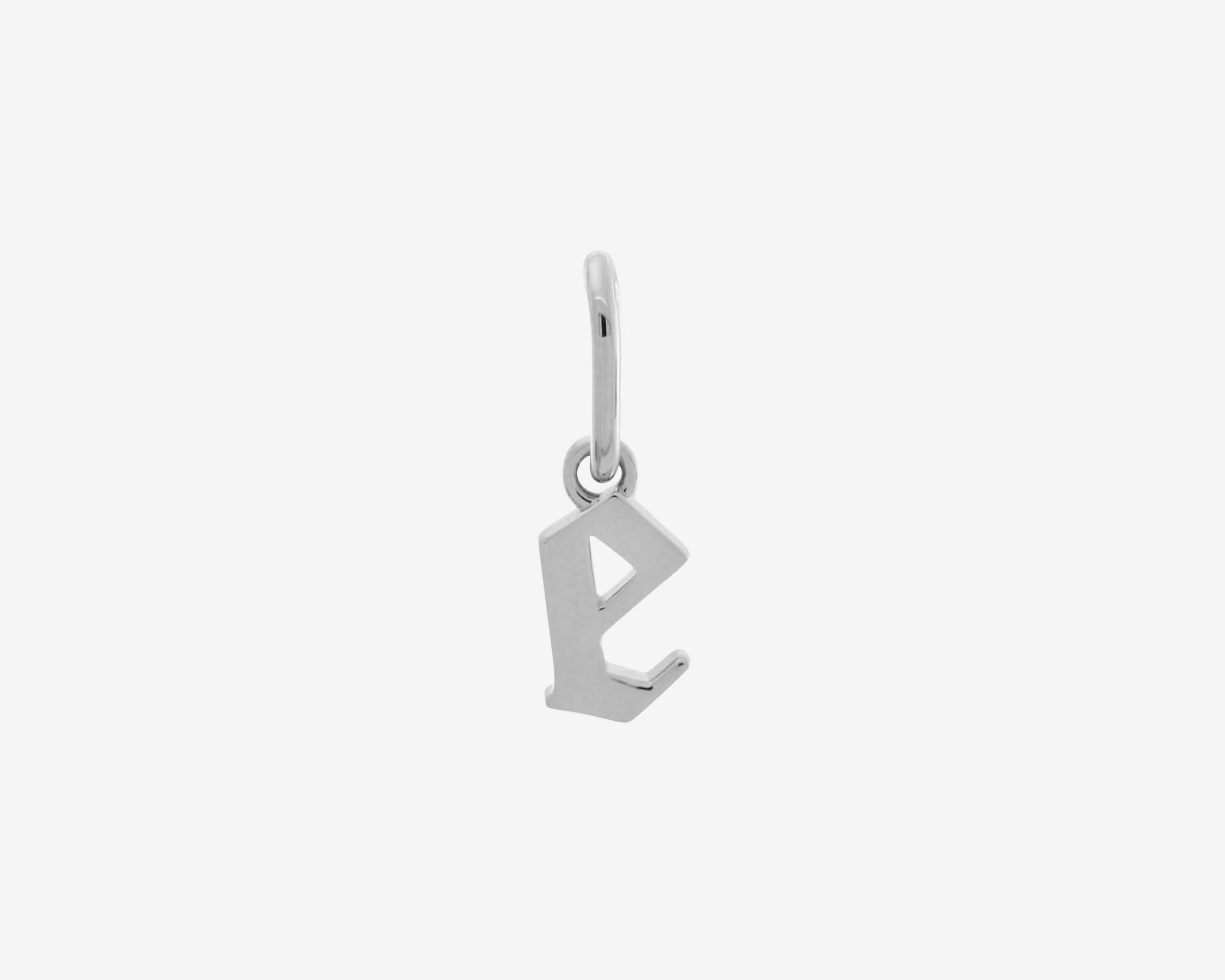 Şener Besim Gothic Letter E Charm in rhodium plating — Buildable Collection