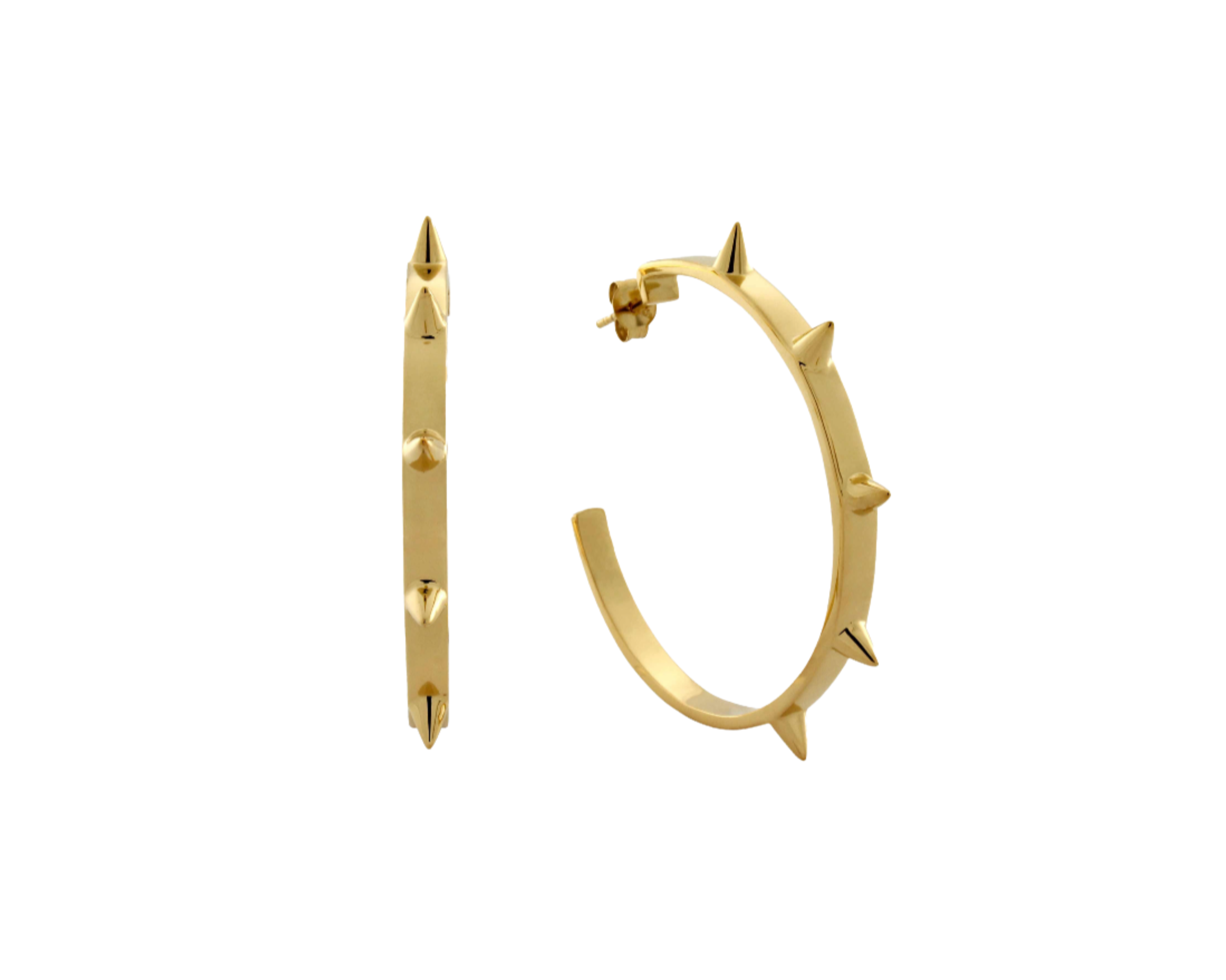 A pair of gold hoop earrings with spike details, crafted from 14k gold vermeil on a sterling silver base, displayed against a white background.