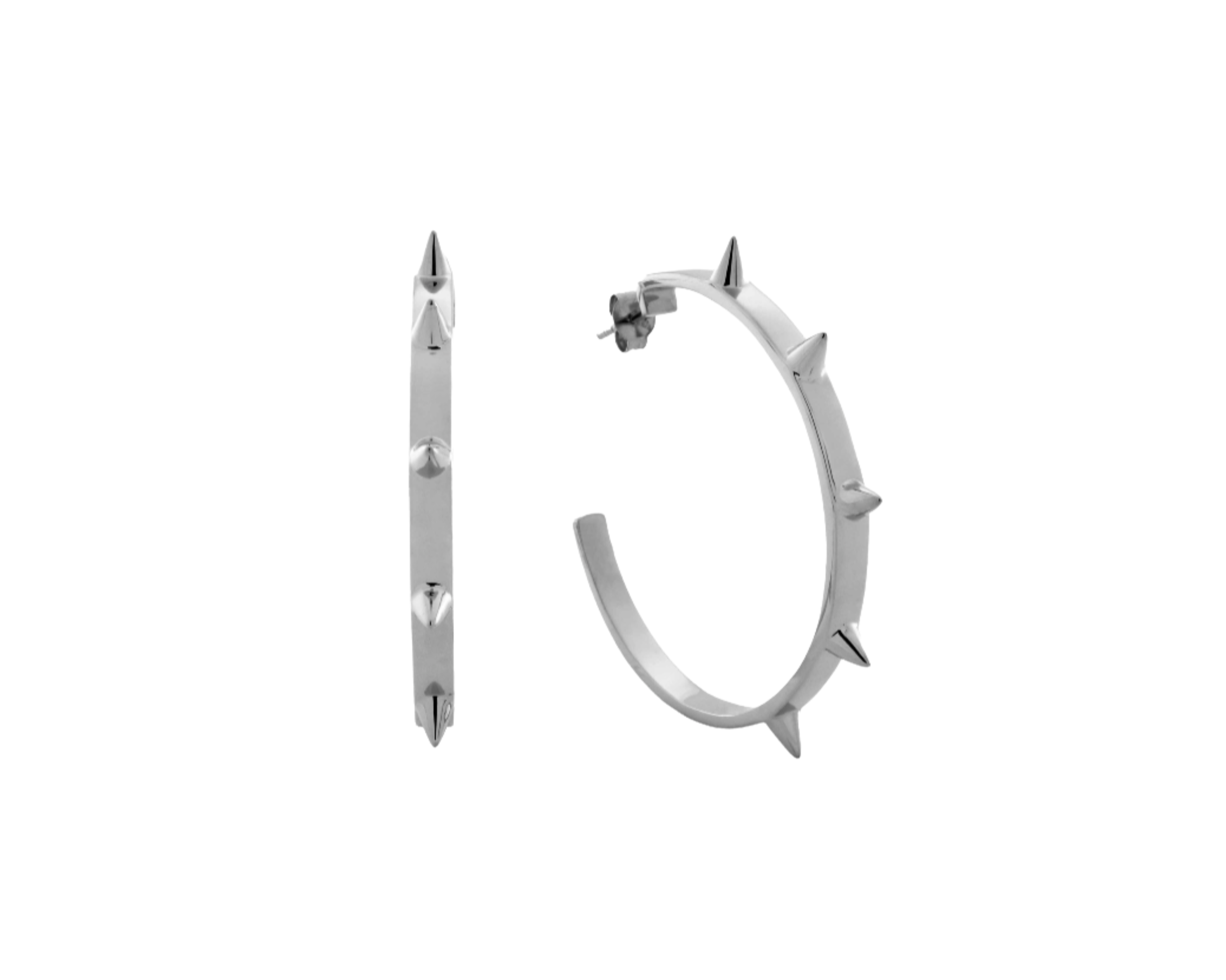 A pair of silver multipoint hoop earrings with a high polish finish and four spikes.