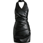 Black leather halter neck mini dress with ruched detail — Şener Besim