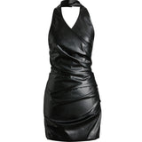 Black leather halter neck mini dress with ruched detail — Şener Besim