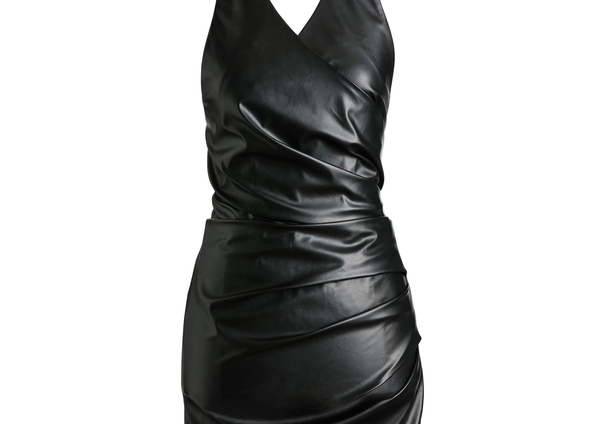Black leather halter neck mini dress with ruched detail — Şener Besim