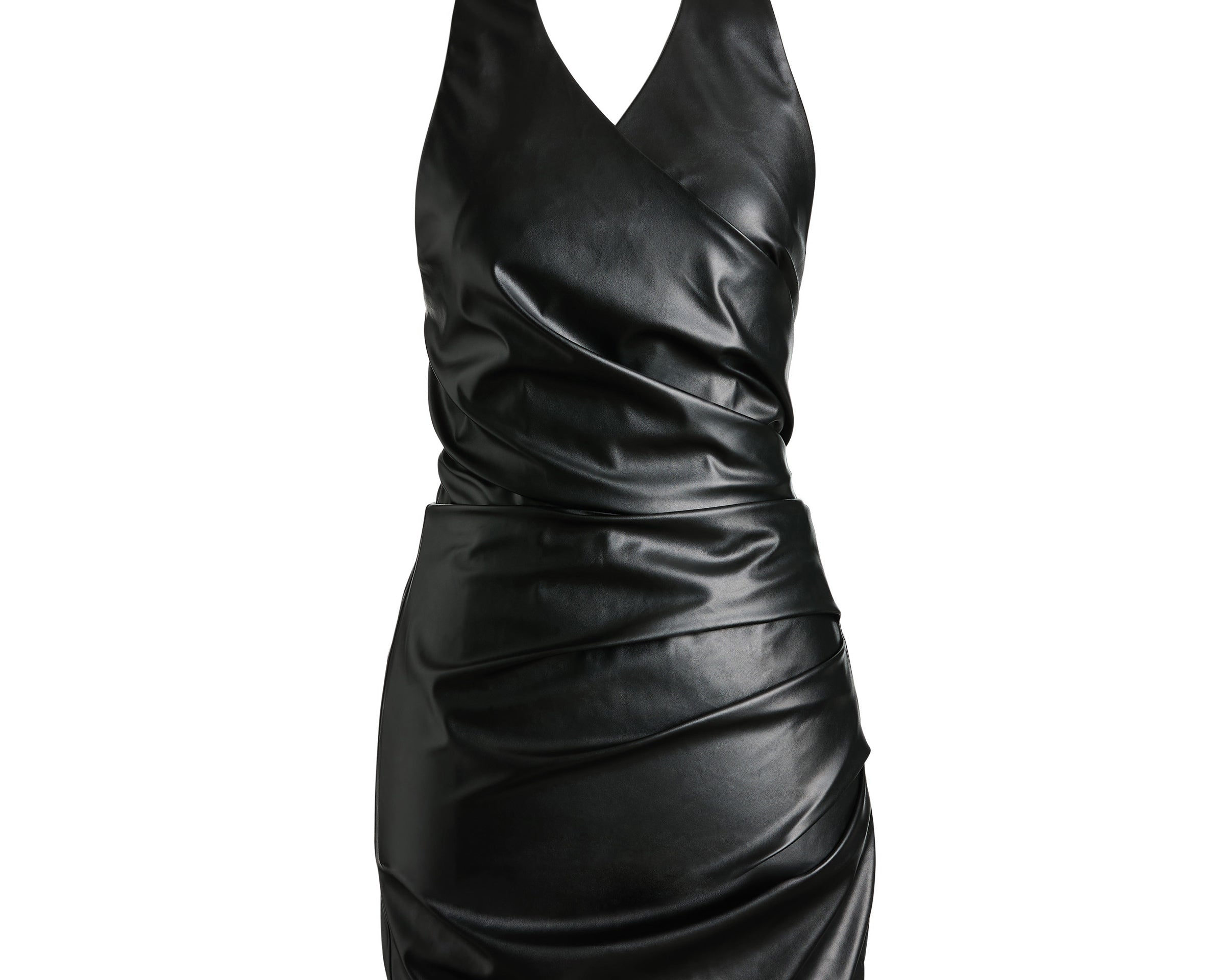 Black leather halter neck mini dress with ruched detail — Şener Besim